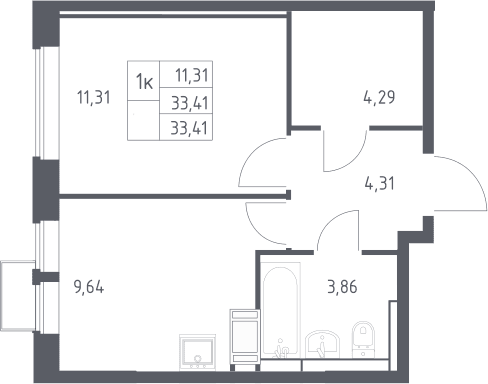 Планировка: 1-комнатная квартира 33,4 м² в ЖК «Большое Путилково»