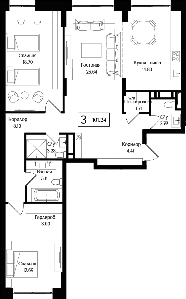 Планировка: Евротрёшка 101,2 м² в ЖК «Преображенская площадь»