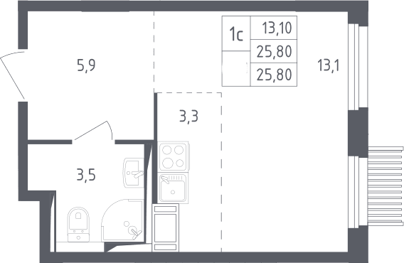 Планировка: Студия 25,8 м² в ЖК «Мытищи Парк»