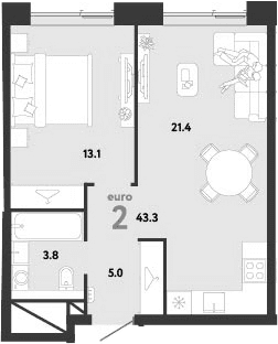 Планировка: Евродвушка 43,3 м² в ЖК «Страна.Заречная»