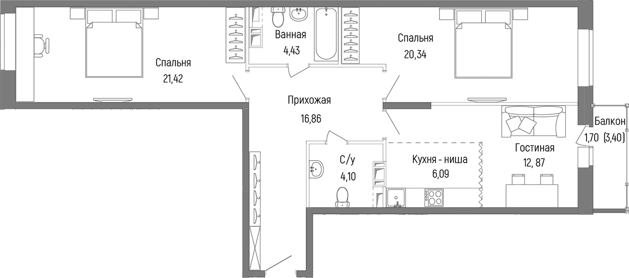 Планировка: Евротрёшка 86,1 м² в ЖК «Рига Хиллс»