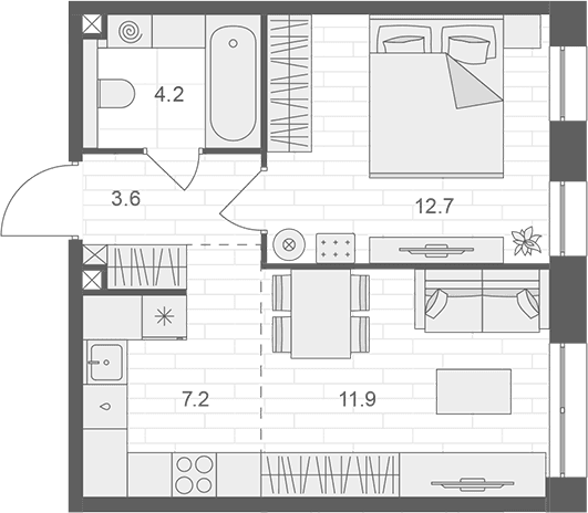 Планировка: Евродвушка 39,6 м² в ЖК «АРТЕЛЬ»