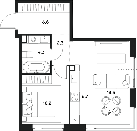 Планировка: Евродвушка 43,6 м² в ЖК «АЛИА»