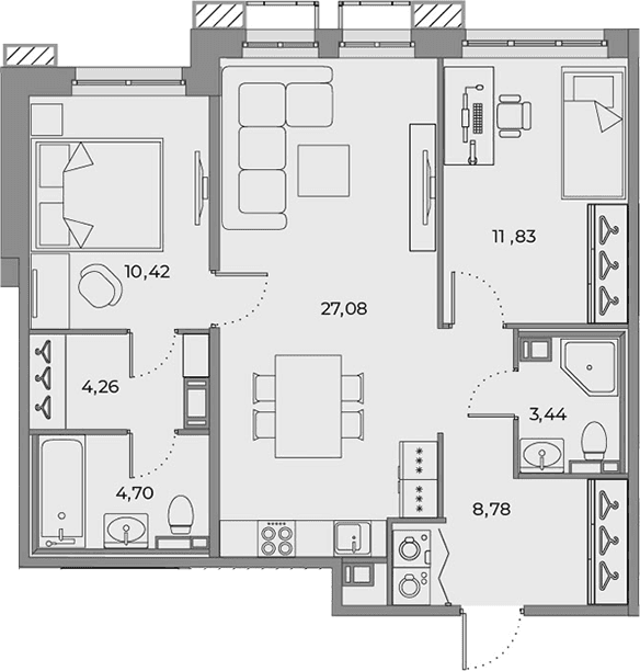 Планировка: Евротрёшка 71,9 м² в ЖК «Взлетная 16»