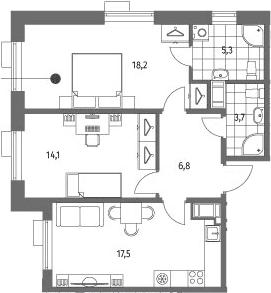 Планировка: Евротрёшка 65,6 м² в ЖК «Парусная 1»