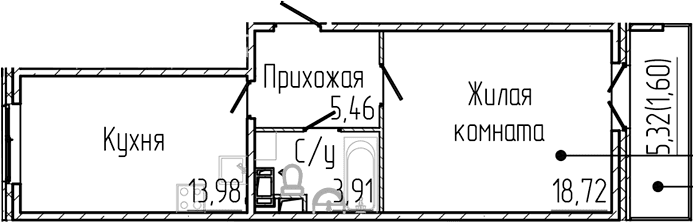 Планировка: 1-комнатная квартира 41,8 м² в ЖК «Сертолово Парк»