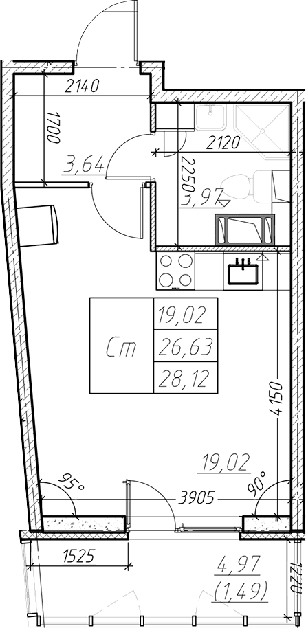 Планировка: Студия 26,6 м² в ЖК «Левитан»