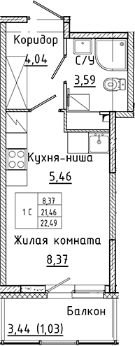 Планировка: Студия 21,5 м² в ЖК «Аквилон Янино»
