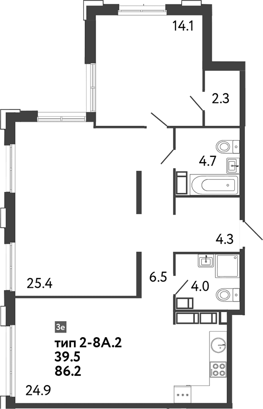 Планировка: Евротрёшка 86,2 м² в ЖК «Струны»