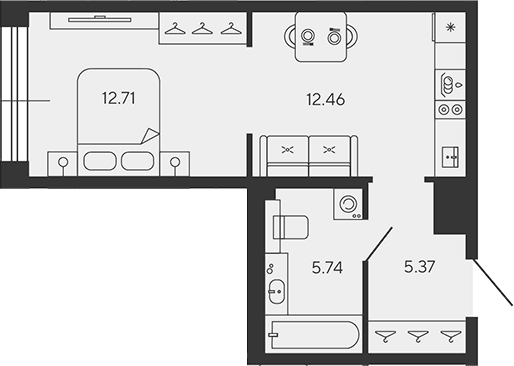 Планировка: Студия 36,3 м² в ЖК «BASHNI ELEMENT»