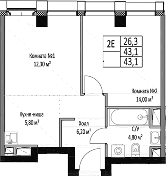 Планировка: Евродвушка 43,1 м² в ЖК «ЭМОУШН»