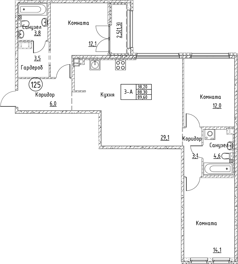 Планировка: Квартира евро-4 88,3 м² в ЖК «Кронунг Юг»