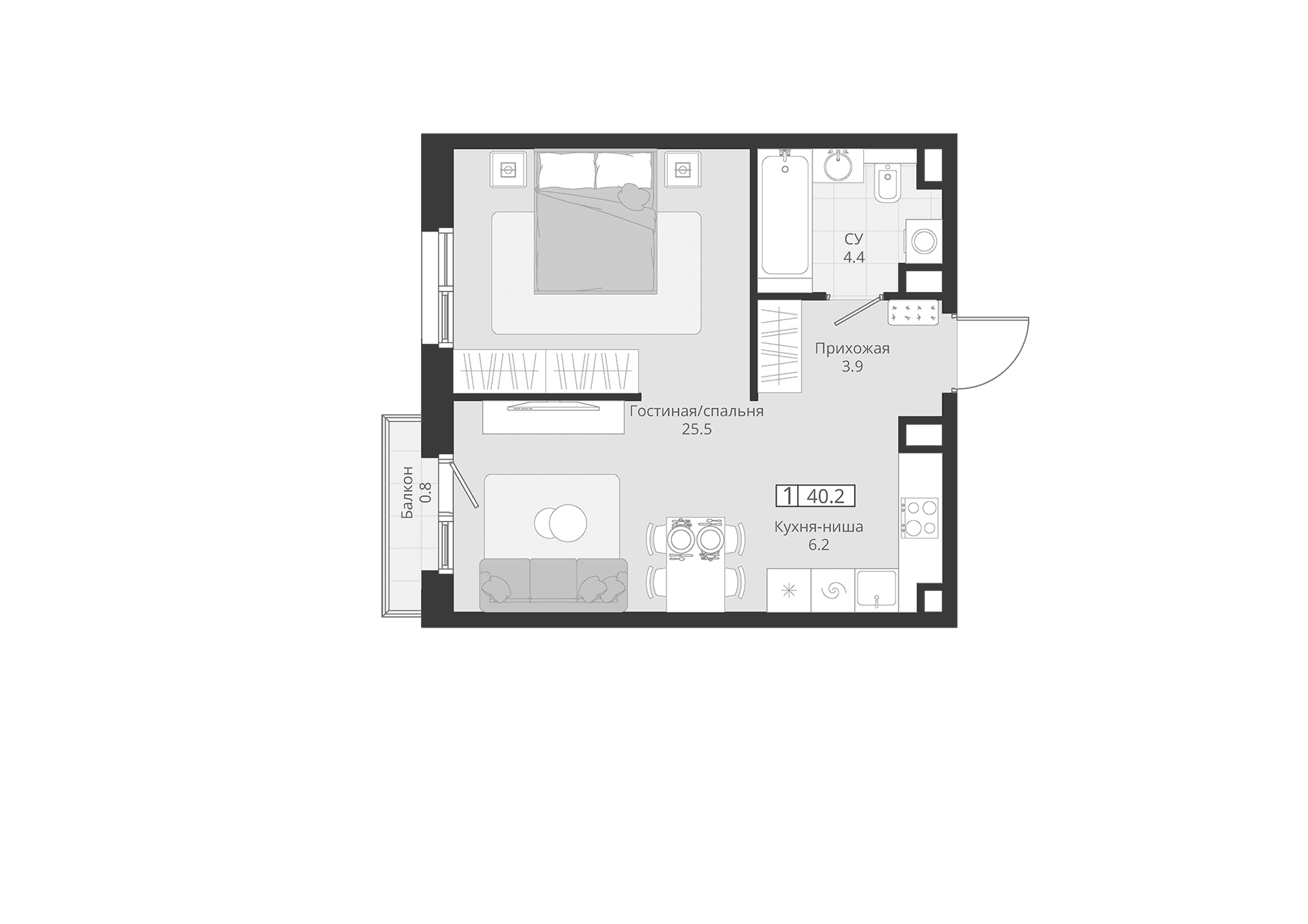 Планировка: 1-комнатная квартира 40 м² в ЖК «ГРЭЙ»