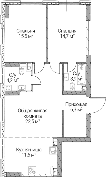 Планировка: Евротрёшка 78,7 м² в ЖК «СЕЗАР СИЛИКА»