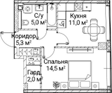 Планировка: 1-комнатная квартира 37 м² в ЖК «СЕЗАР БУДУЩЕЕ»