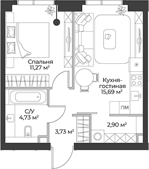 Планировка: Евродвушка 38,3 м² в ЖК «Гранд Фили»