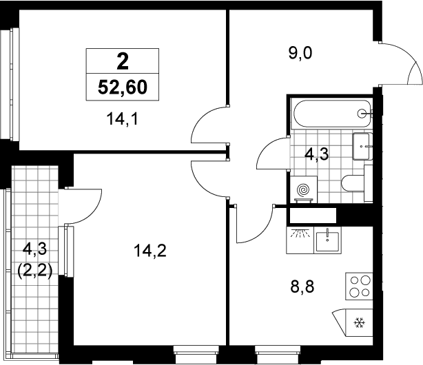 Планировка: 2-комнатная квартира 50,4 м² в ЖК «Деснаречье»