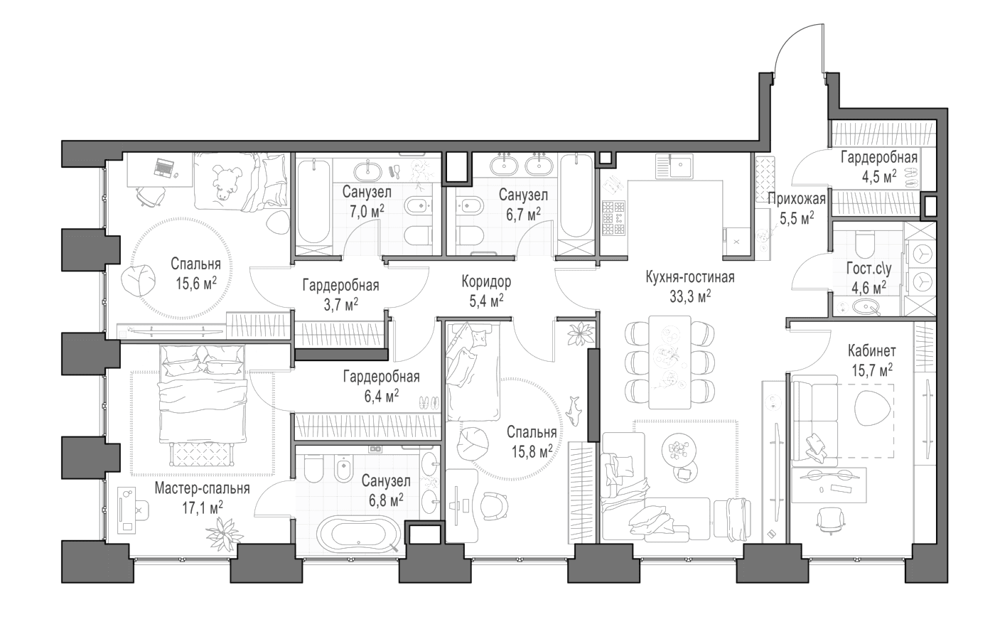 Планировка: Квартира евро-5 149,2 м² в ЖК «Квартал Life Time»