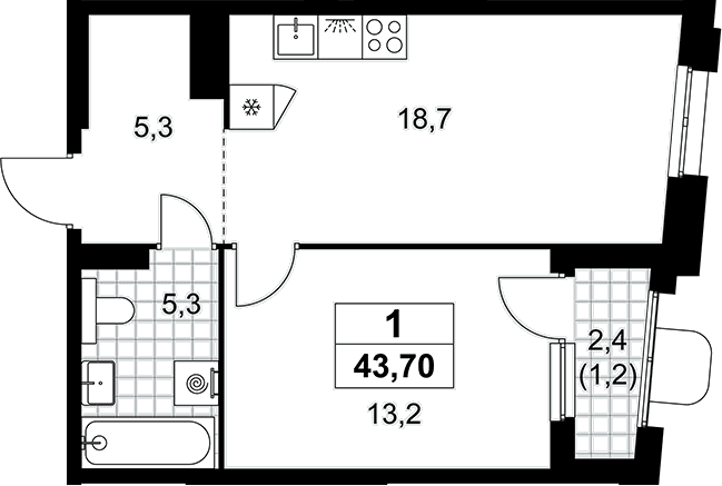 Планировка: Евродвушка 42,5 м² в ЖК «Прокшино»