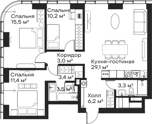 Планировка: Квартира евро-4 85,6 м² в ЖК «Сити Бэй»