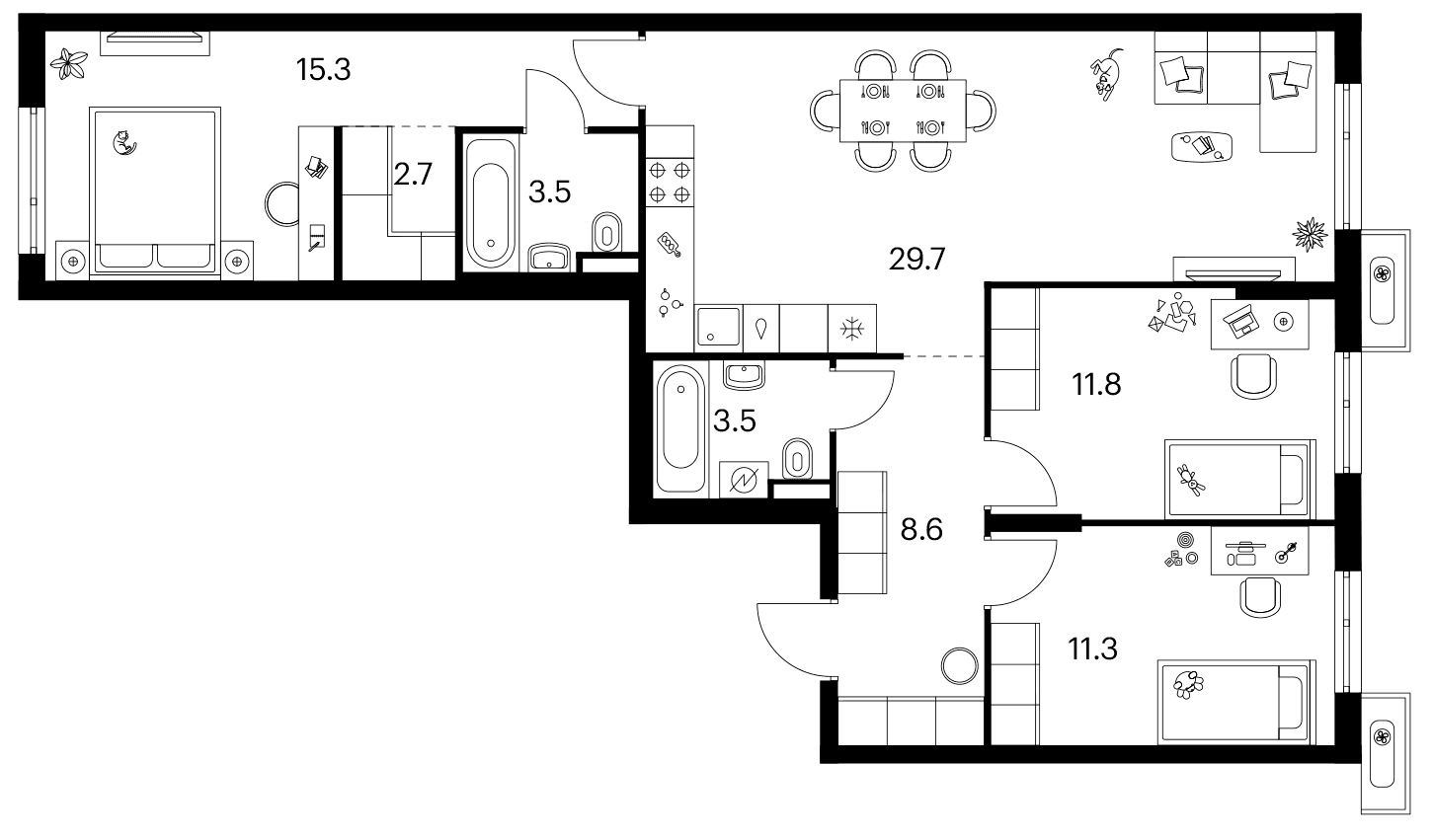Планировка: 3-комнатная квартира 86,4 м² в ЖК «Зеленый парк»