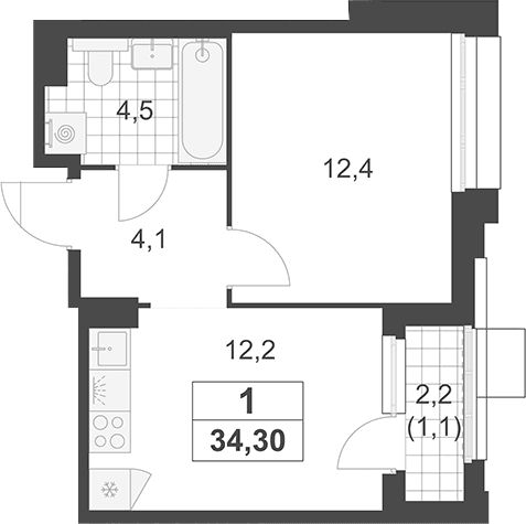 Планировка: 1-комнатная квартира 33,2 м² в ЖК «Южные сады»