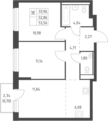 Планировка: Евротрёшка 52,9 м² в ЖК «Горки Парк»