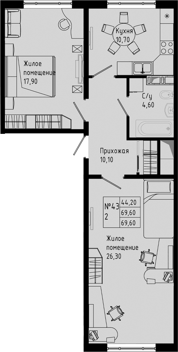 Планировка: 2-комнатная квартира 69,6 м² в ЖК «PIXEL»