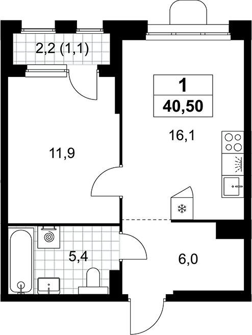 Планировка: Евродвушка 39,4 м² в ЖК «Прокшино»