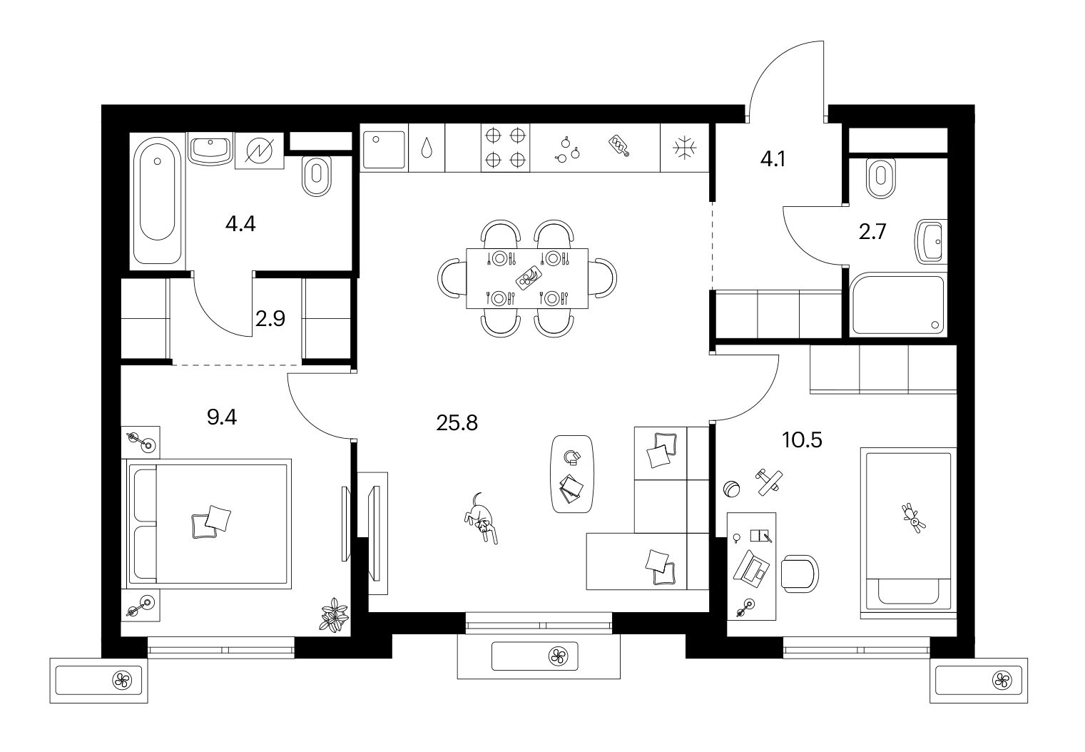 Планировка: 2-комнатная квартира 59,8 м² в ЖК «Ярославский»