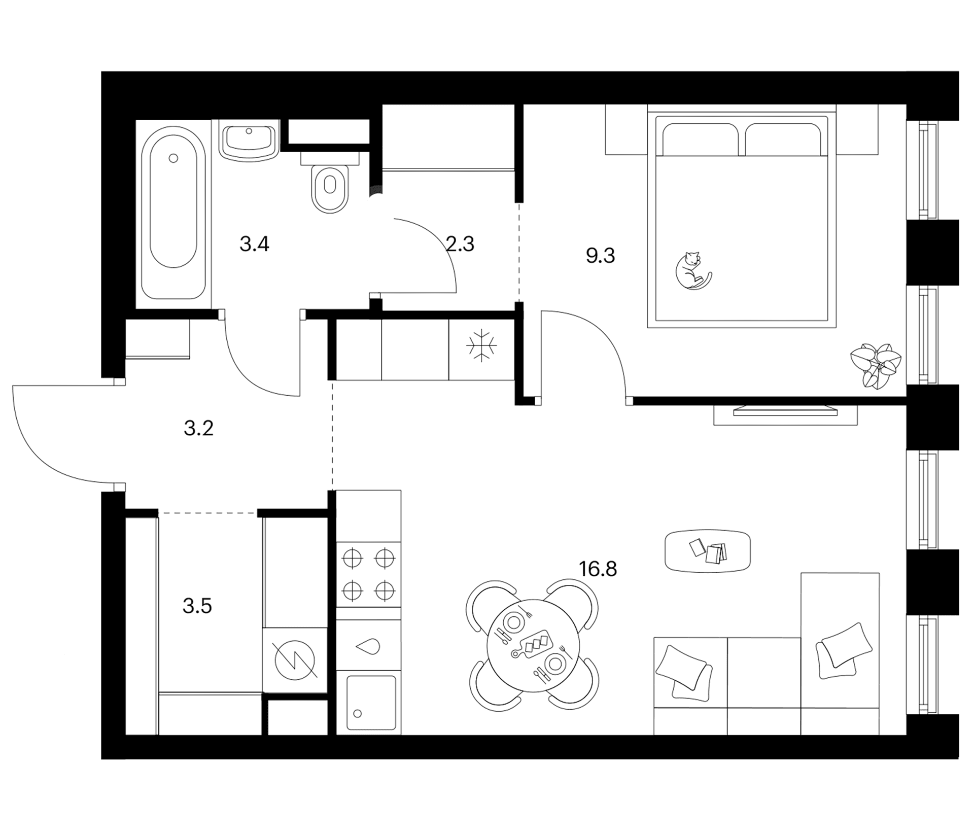 Планировка: 1-комнатная квартира 38,5 м² в ЖК «Москворечье»