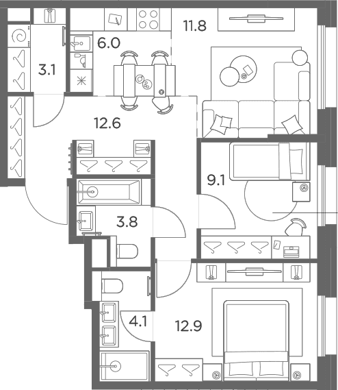 Планировка: Евротрёшка 63,4 м² в ЖК «Станиславский»