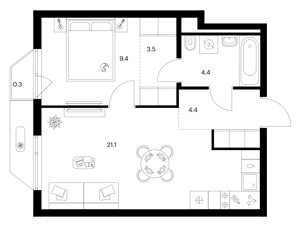 Планировка: 1-комнатная квартира 42,8 м² в ЖК «Зеленый парк»