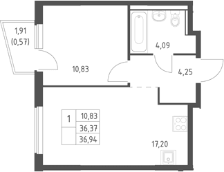 Планировка: Евродвушка 36,4 м² в ЖК «Егорово парк»
