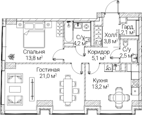 Планировка: 2-комнатная квартира 65,7 м² в ЖК «СЕЗАР БУДУЩЕЕ»