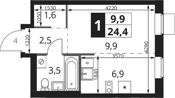 Планировка: Студия 24,4 м² в ЖК «1-й Ясеневский»