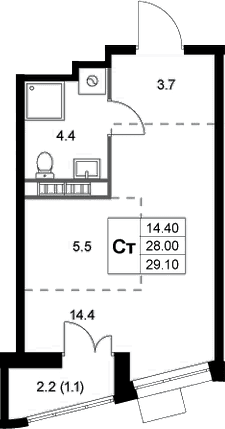Планировка: Студия 28 м² в ЖК «Легенда Коренево»
