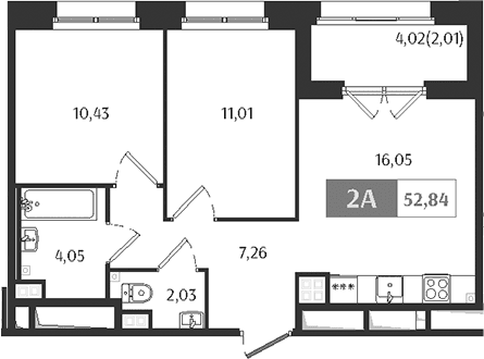 Планировка: Евротрёшка 50,8 м² в ЖК «Ranta Residence»