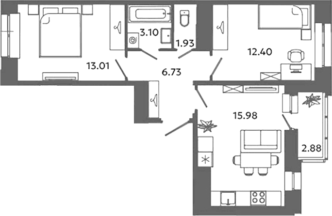 Планировка: Евротрёшка 53,2 м² в ЖК «Загляденье»