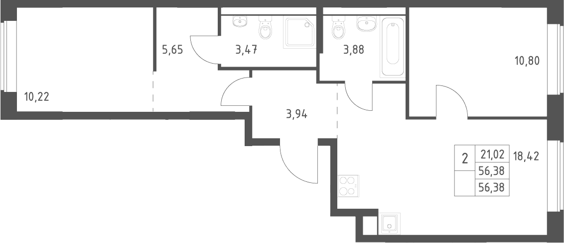 Планировка: Евротрёшка 56,4 м² в ЖК «Большое Юрлово»