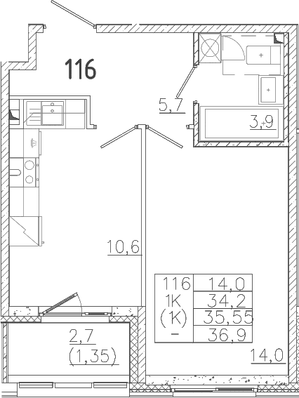 Планировка: 1-комнатная квартира 34 м² в ЖК «Лисино»