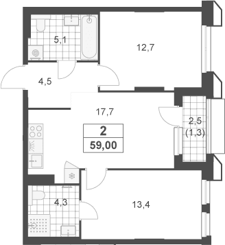 Планировка: Евротрёшка 57,7 м² в ЖК «Южные сады»