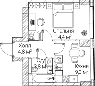 Планировка: 1-комнатная квартира 32,2 м² в ЖК «СЕЗАР БУДУЩЕЕ»