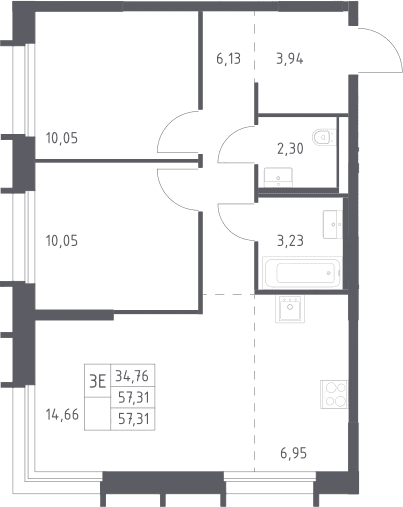 Планировка: Евротрёшка 57,3 м² в ЖК «Квартал Домашний»