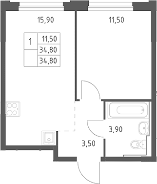 Планировка: Евродвушка 34,8 м² в ЖК «Химки Парк»