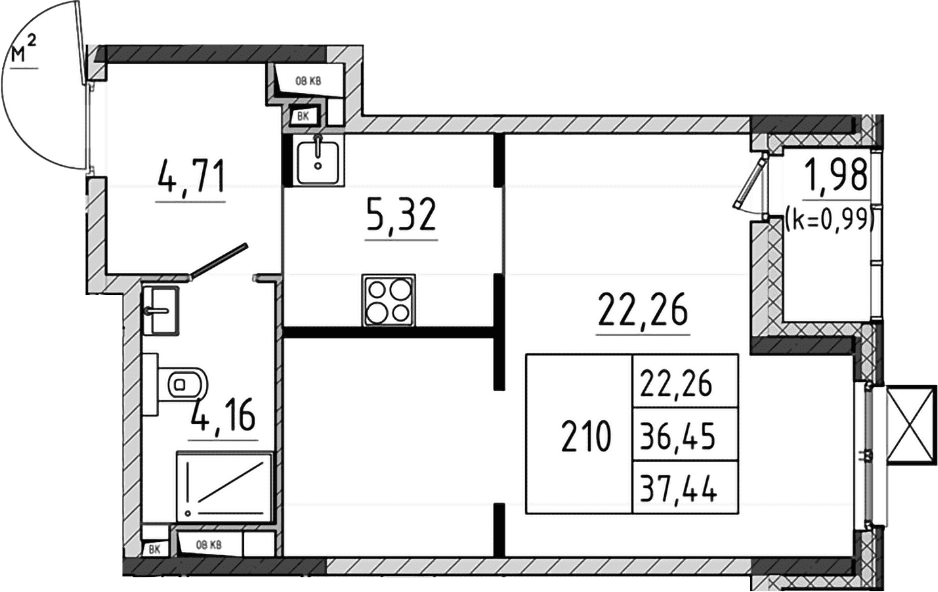 Планировка: Студия 36,5 м² в ЖК «Поварово-Молодежный-2»