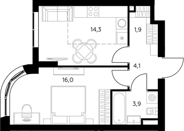 Планировка: 1-комнатная квартира 40,5 м² в ЖК «Адмирал»