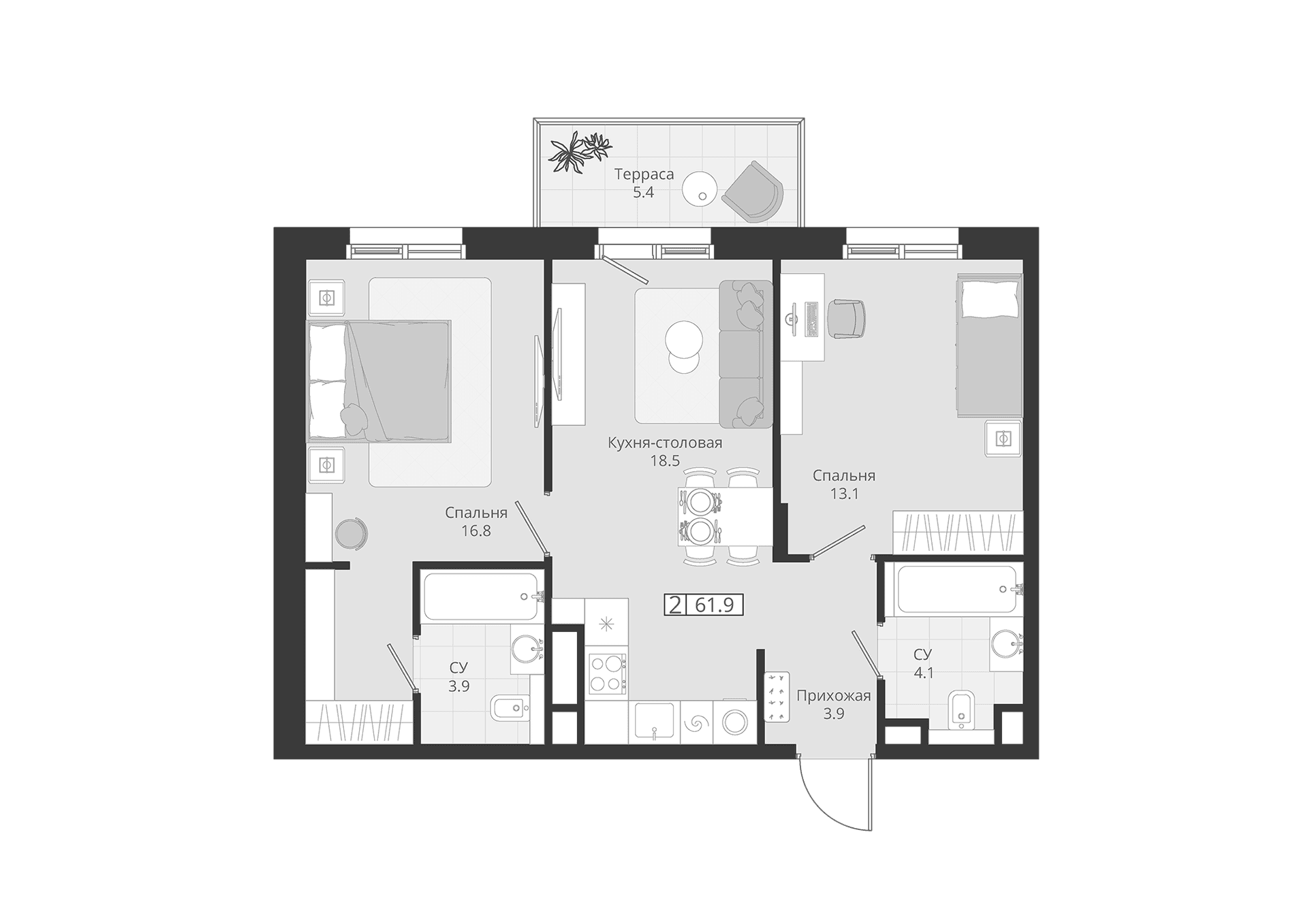 Планировка: Евротрёшка 60,3 м² в ЖК «ГРЭЙ»