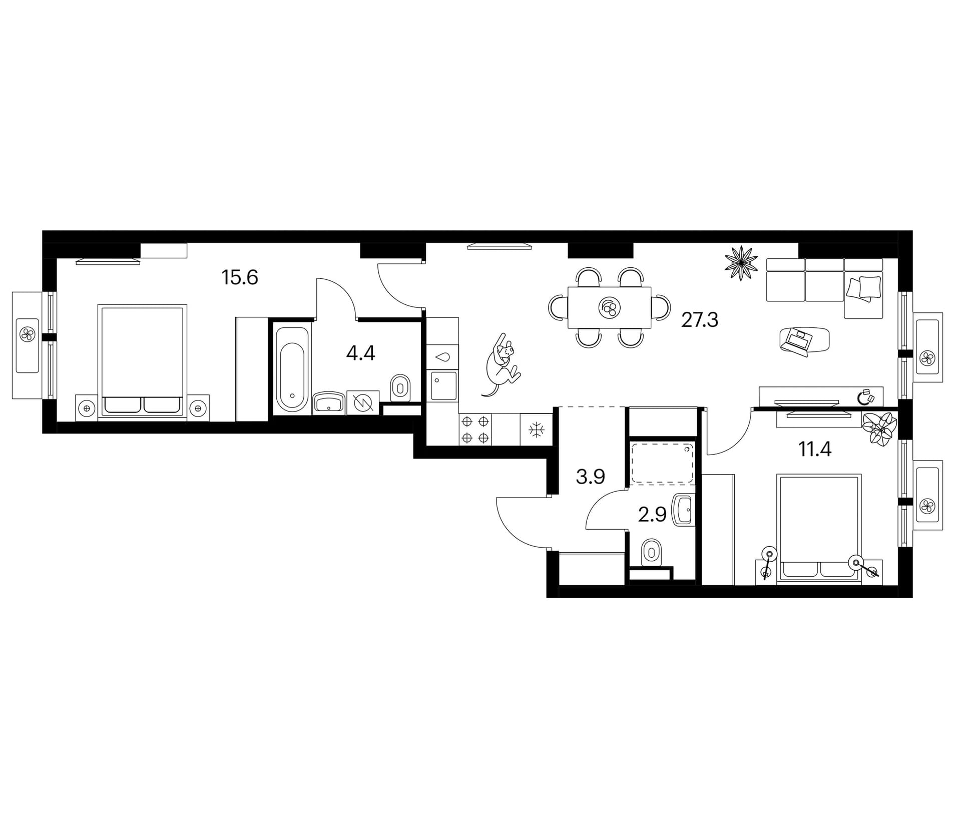 Планировка: 2-комнатная квартира 65,5 м² в ЖК «Белая Дача парк»