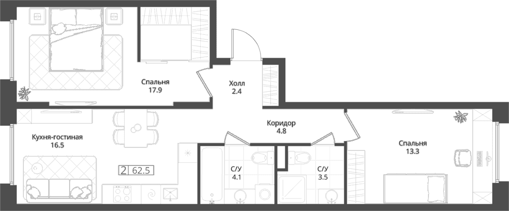 Планировка: 2-комнатная квартира 62,5 м² в ЖК «Коллекция»